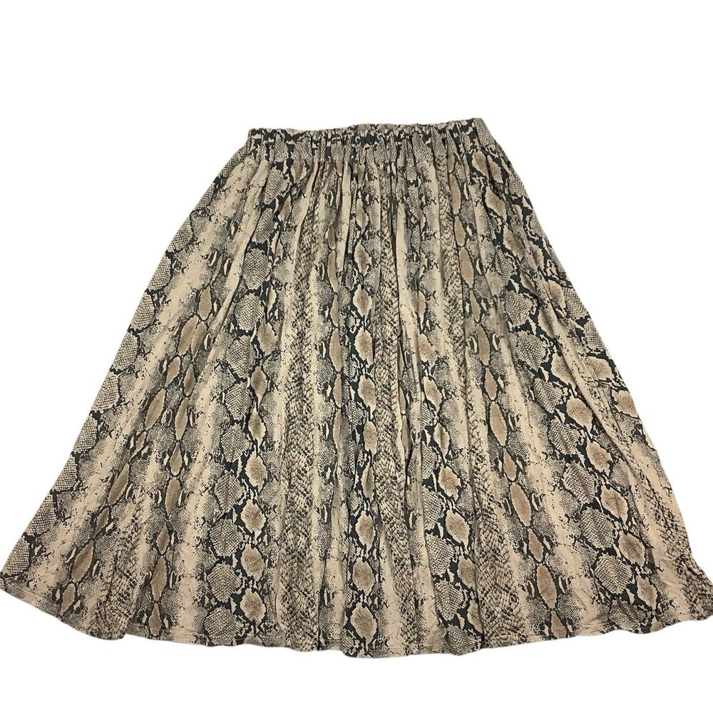 Snake Animal Print Midi Knee Skirt 14 Tan Black A-Line Pleated Pull-On Boho Y2K